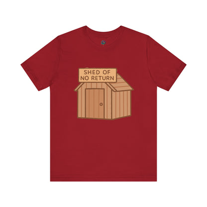 canvas red Shed of No Returns T shirt from Whimspin lay-flat image on a white background