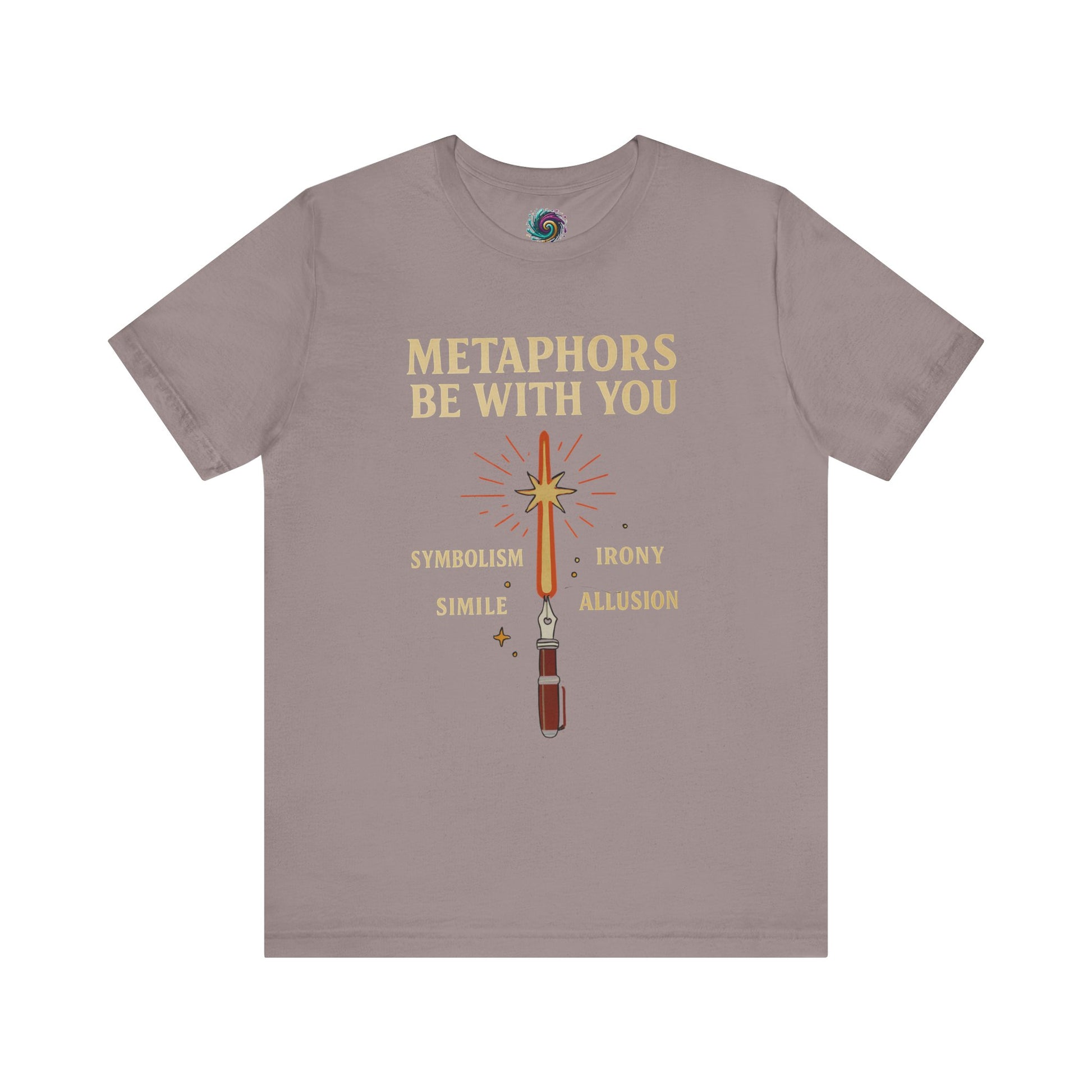 Gray t-shirt with a sword graphic and text on a white background Metaphors Be With You T-Shirt from WhimSpin