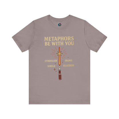Gray t-shirt with a sword graphic and text on a white background Metaphors Be With You T-Shirt from WhimSpin