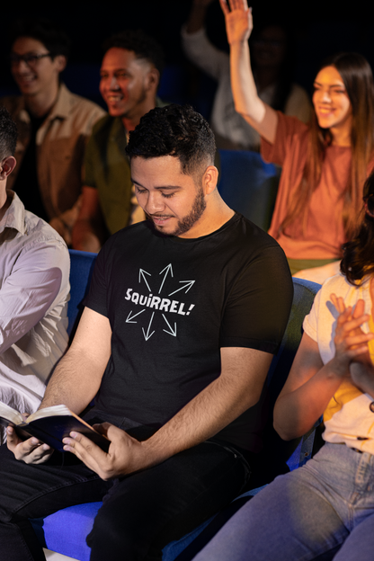 Squirrel Distracted Mind T-Shirt – Funny Attention Graphic Tee in black worn at a live event, highlighting adhd squirrel humor and a distracted mind graphic for casual everyday wear.