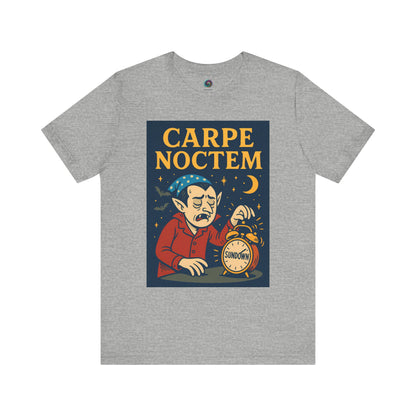 grey tshirt with a dark humor 'Carpe Noctem' graphic design featuring a vampire with an alarm clock and moon. Perfect for Halloween parties and night owls