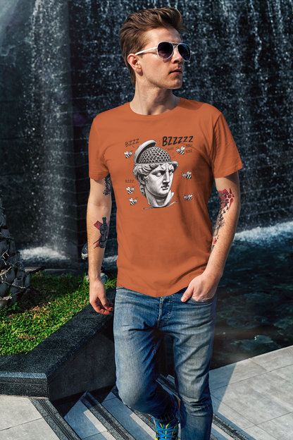 Hive Mind T-Shirt – Surreal Bee Group Think Parody Tee shown on man in canvas red shirt beside cascading water