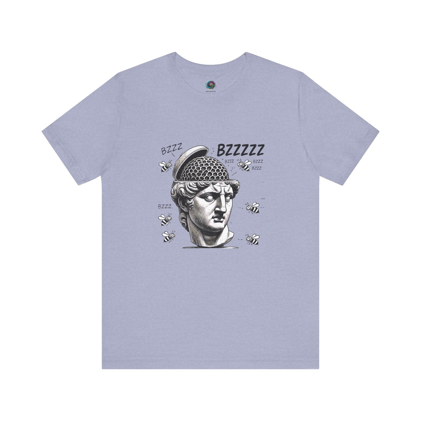 Hive Mind T-Shirt – Surreal Bee Group Think Parody Tee   Light blue t-shirt with a graphic design of a classical head and 'BZZZZ' text on a white background