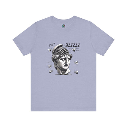 Hive Mind T-Shirt – Surreal Bee Group Think Parody Tee   Light blue t-shirt with a graphic design of a classical head and 'BZZZZ' text on a white background