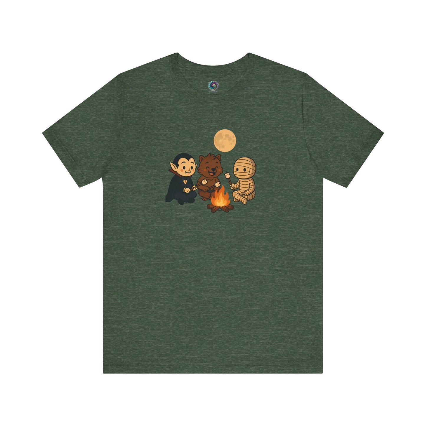 Halloween Monsters Campfire T-Shirt in Heather Forest Green with an adorable illustration of monsters bonding over marshmallows under a full moon.