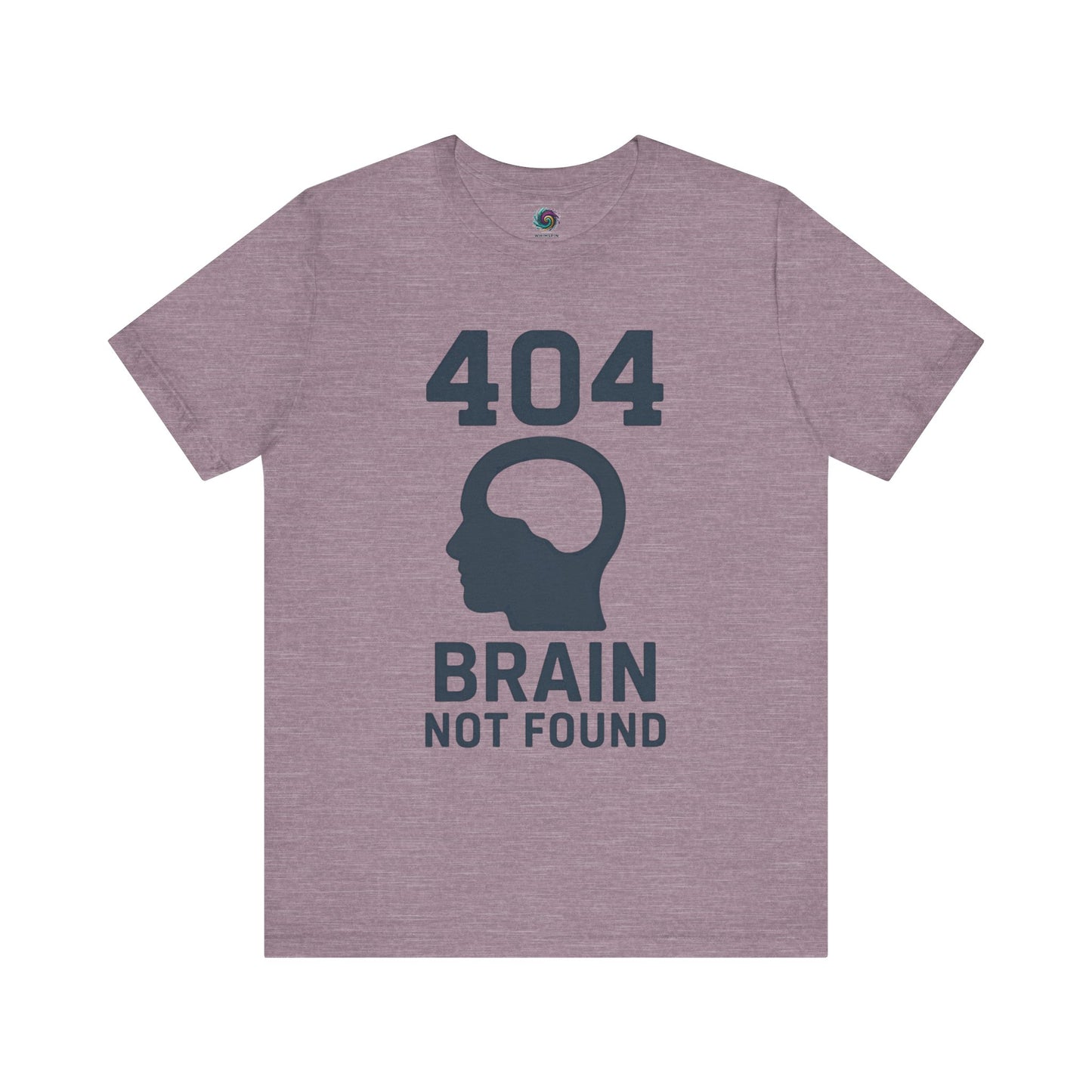 heather purple "404 Brain Not Found T-Shirt" from WhimSpin. The tshirt graphic is a profile image of a human head with an empty hole where the brain should be and the text "404 Brain Not Found."