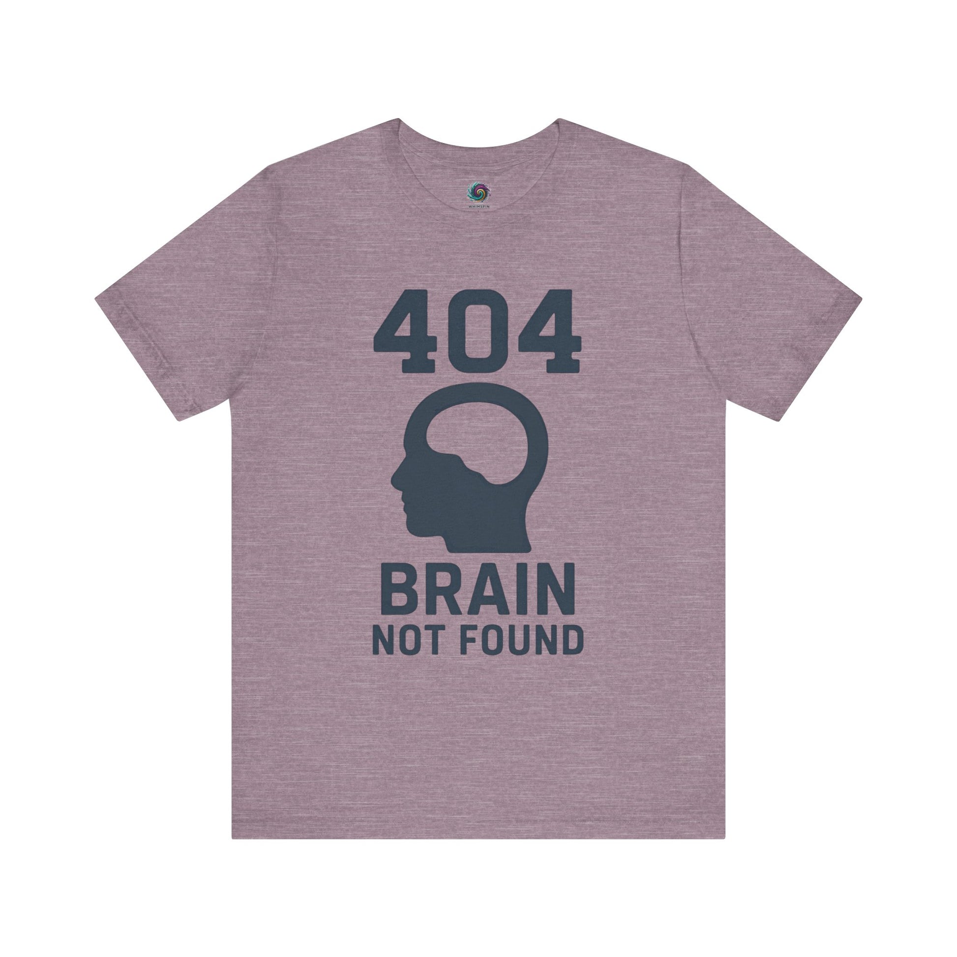 heather purple "404 Brain Not Found T-Shirt" from WhimSpin. The tshirt graphic is a profile image of a human head with an empty hole where the brain should be and the text "404 Brain Not Found."