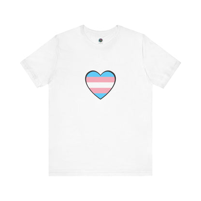 Transgender Pride Flag Heart T-Shirt – LGBTQ+ Trans Flag Graphic Tee in classic white, showcasing the transgender flag heart in a sleek and inclusive look.