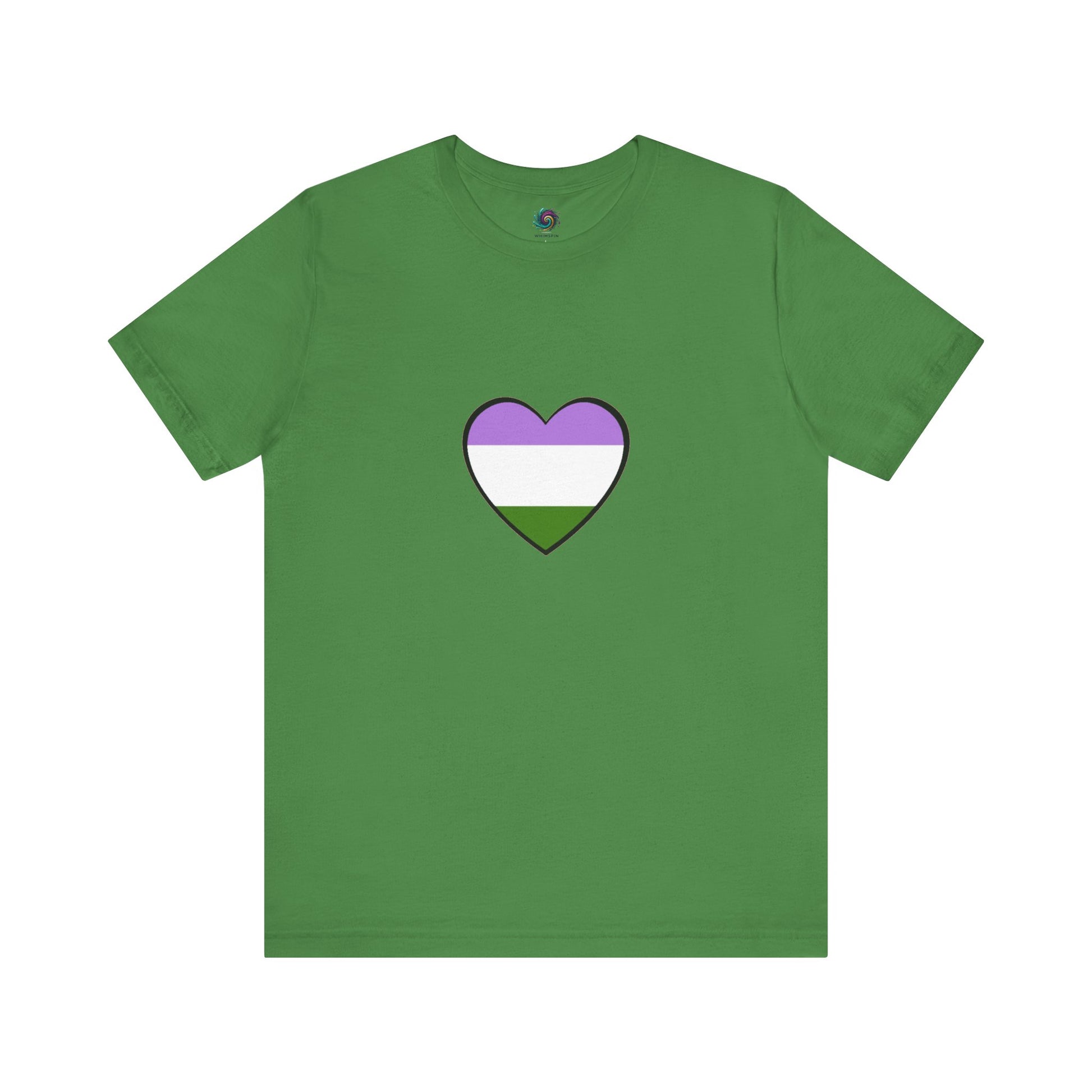 Genderqueer Flag Heart T-Shirt – Unisex LGBTQ+ Graphic Tee in leaf green with genderqueer heart, a soft but powerful nod to genderqueer visibility and pride.