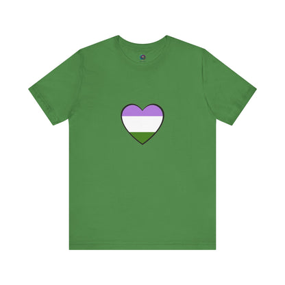 Genderqueer Flag Heart T-Shirt – Unisex LGBTQ+ Graphic Tee in leaf green with genderqueer heart, a soft but powerful nod to genderqueer visibility and pride.