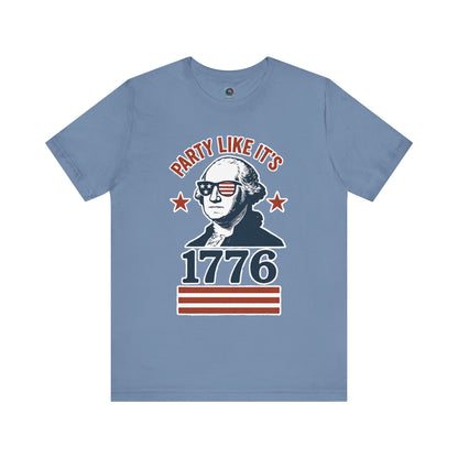 Light Blue Party Like It's 1776 shirt with George Washington in sunglasses