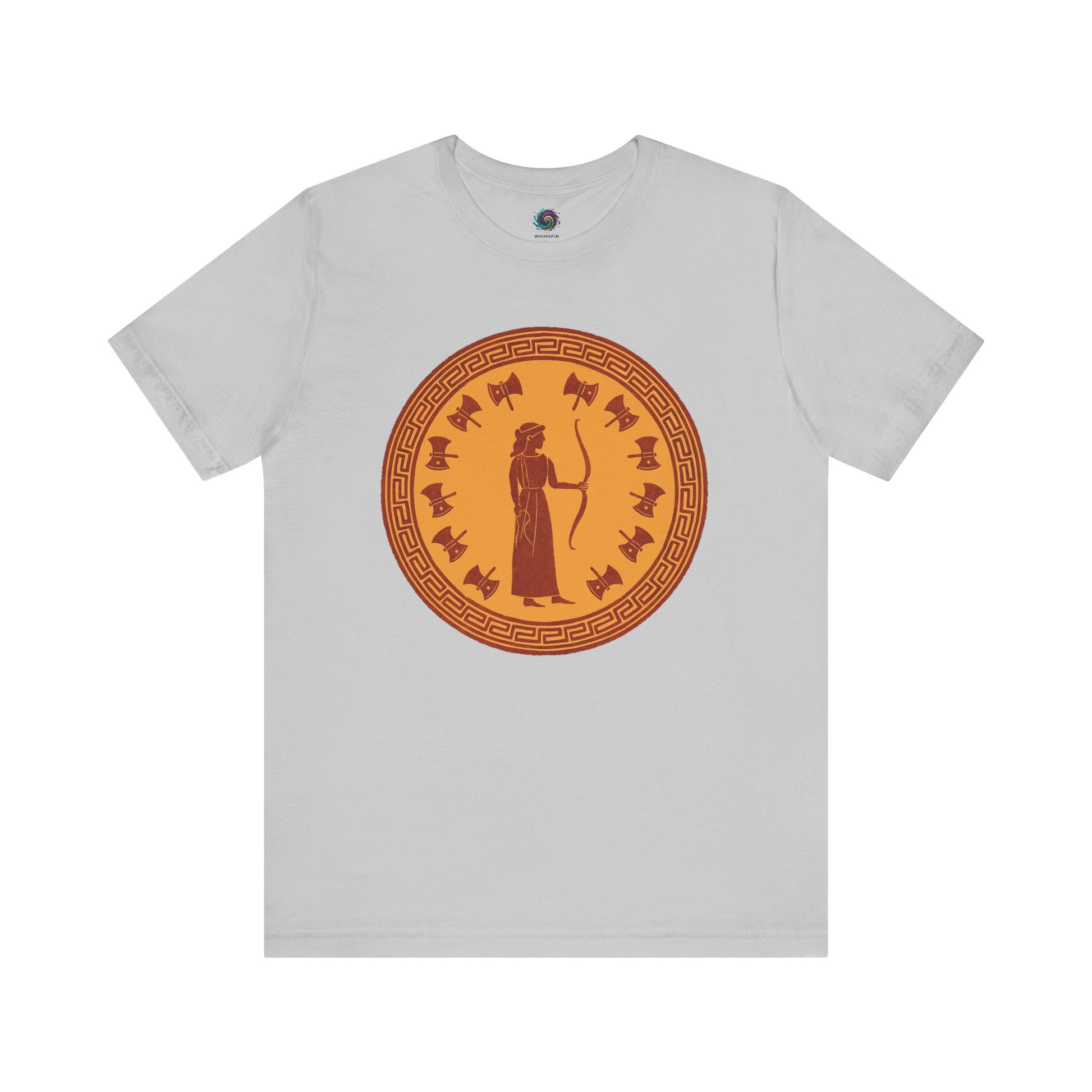 Gray Penelope Epic Queen of Ithaca T shirt from Whimspin. The shirt features an image of a woman in ancient Grecian robes holding a bow and surrounded by 12 axes. The images is in terracotta cotta red and gold in the style of ancient amphora art. 