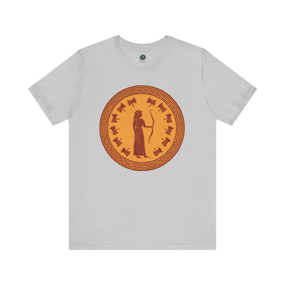 Gray Penelope Epic Queen of Ithaca T shirt from Whimspin. The shirt features an image of a woman in ancient Grecian robes holding a bow and surrounded by 12 axes. The images is in terracotta cotta red and gold in the style of ancient amphora art. 