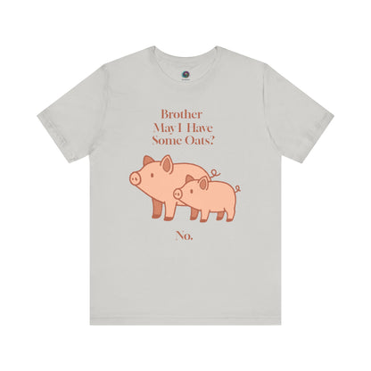 Brother May I Have Some Oats T-Shirt – Funny Viral Pig Meme Tee in silver, featuring the viral oats pigs in pastel pink for a subtle funny look.