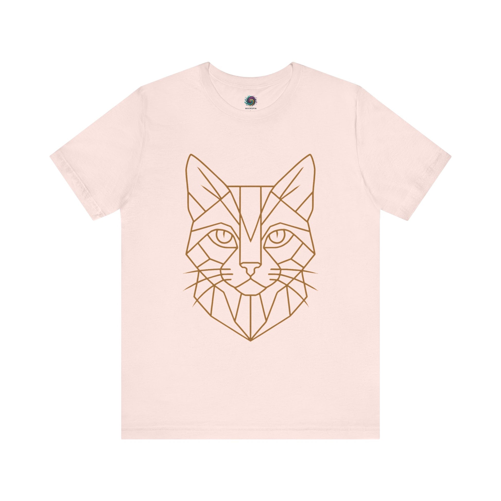 Light pink t shirt with a cat head drawn in geometric lines - Geometric Cat T-Shirt – Minimalist Line Art Tee from Whimspin