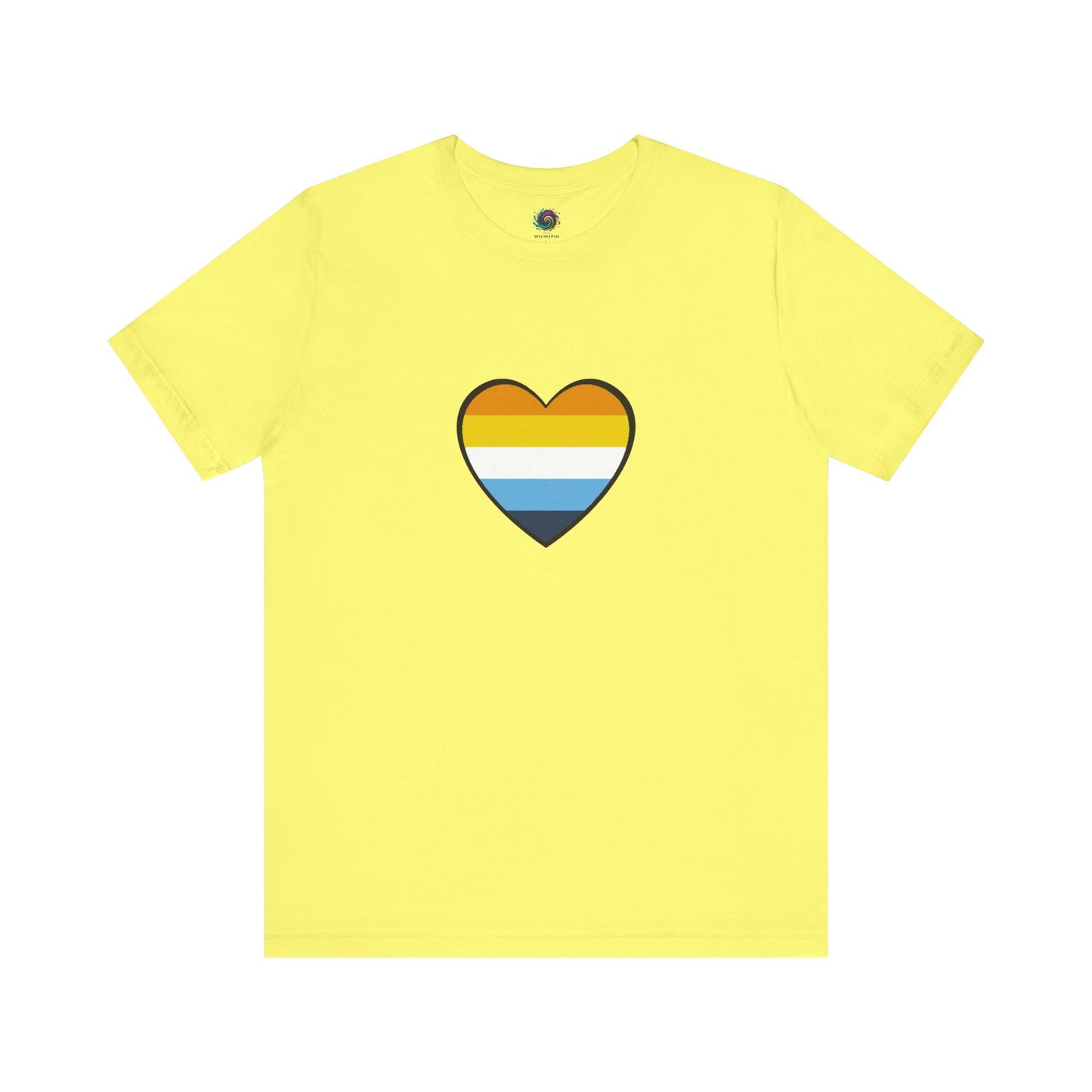 Light Yellow AroAce Flag Heart T-shirt from WhimSpin. The shirt is light yellow with a heart drawn in the center made up of dark orange, light orange, white, turquoise, and navy blue stripes.