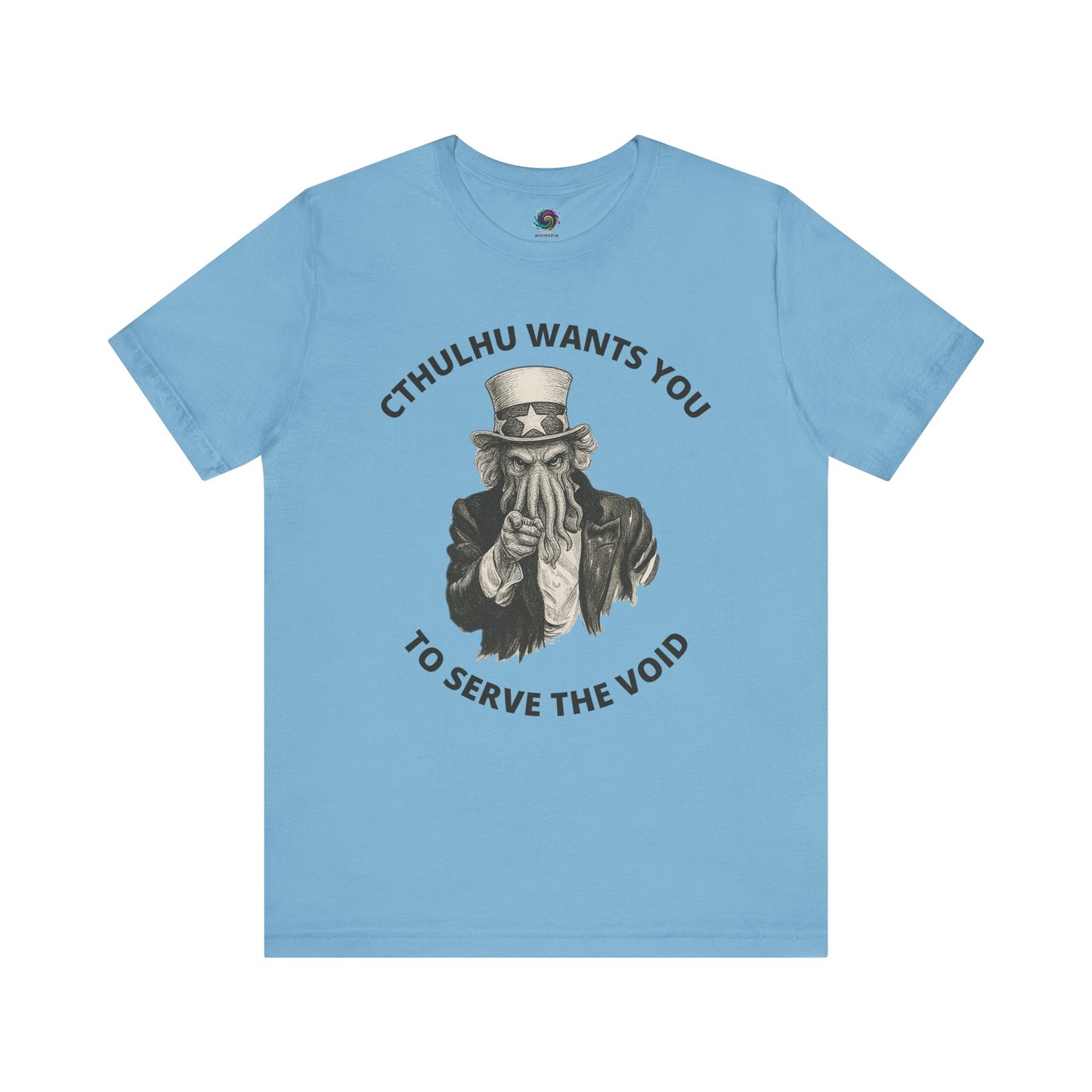 Cthulhu Wants You T-Shirt – Mythos Horror Tee for Lovecraft Fans in true ocean blue, combining classic Uncle Sam parody with Cthulhu mythos flair.