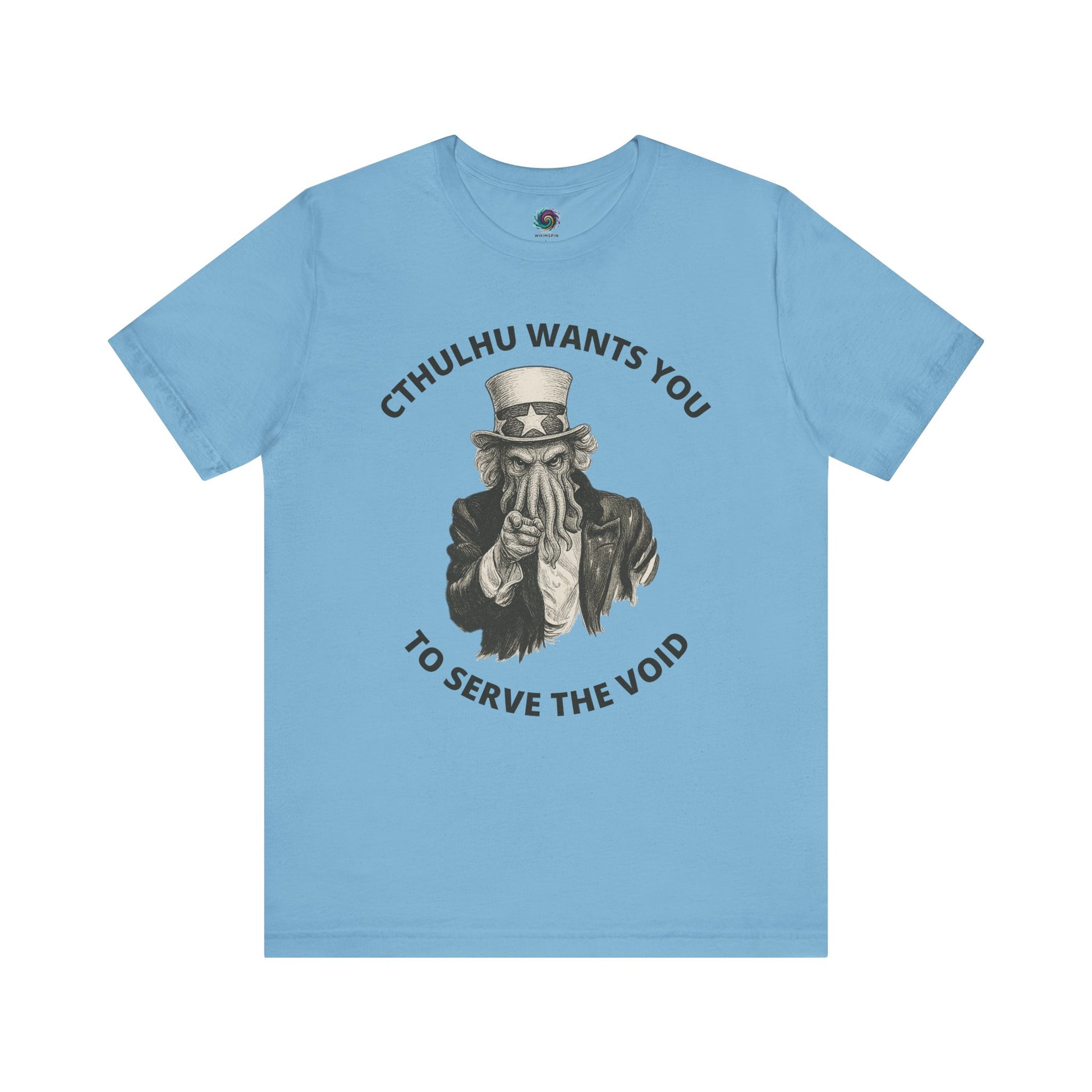 Cthulhu Wants You T-Shirt – Mythos Horror Tee for Lovecraft Fans in true ocean blue, combining classic Uncle Sam parody with Cthulhu mythos flair.