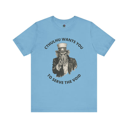 Cthulhu Wants You T-Shirt – Mythos Horror Tee for Lovecraft Fans in true ocean blue, combining classic Uncle Sam parody with Cthulhu mythos flair.