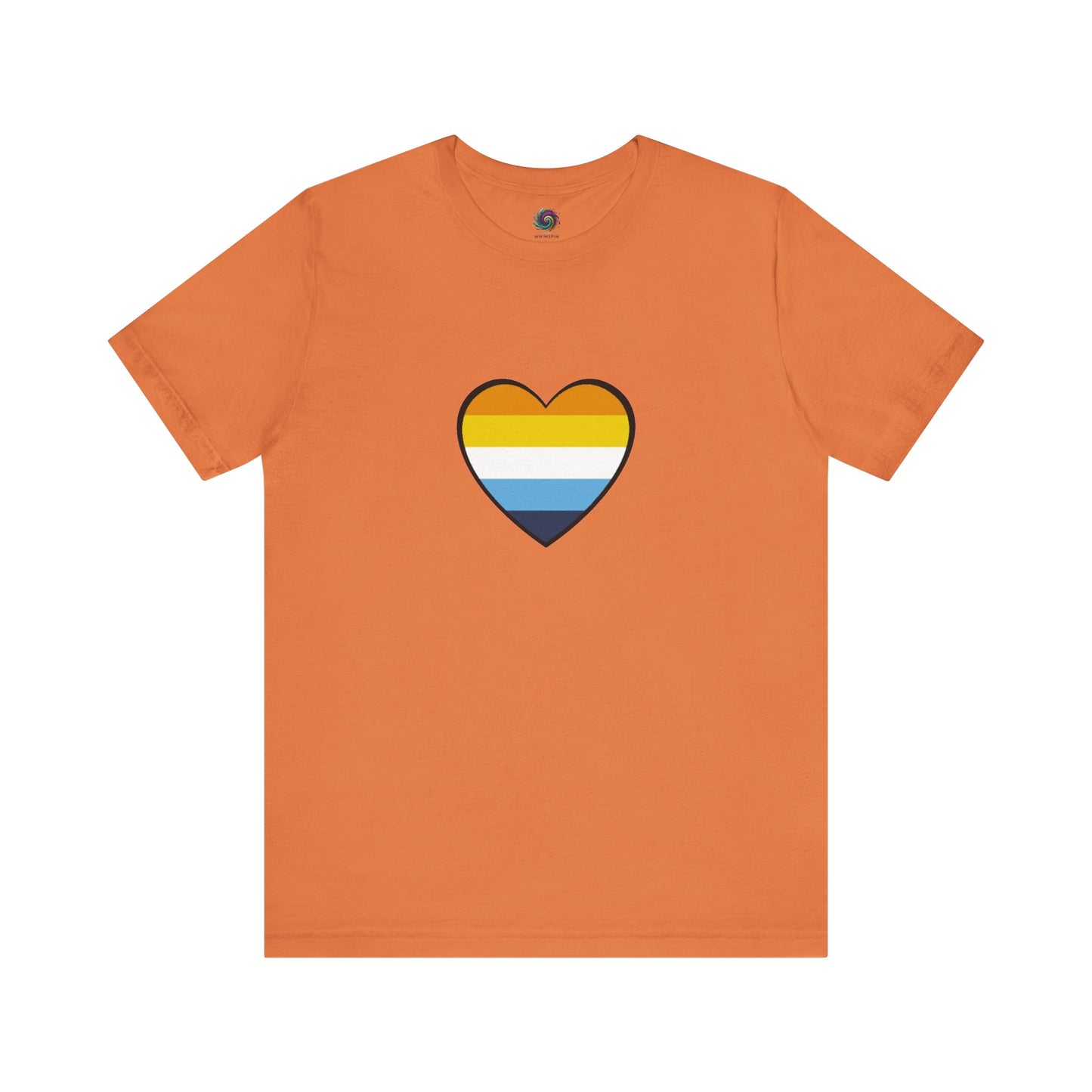 Orange AroAce Flag Heart T-shirt from WhimSpin. The shirt is orange with a heart drawn in the center made up of dark orange, light orange, white, turquoise, and navy blue stripes.