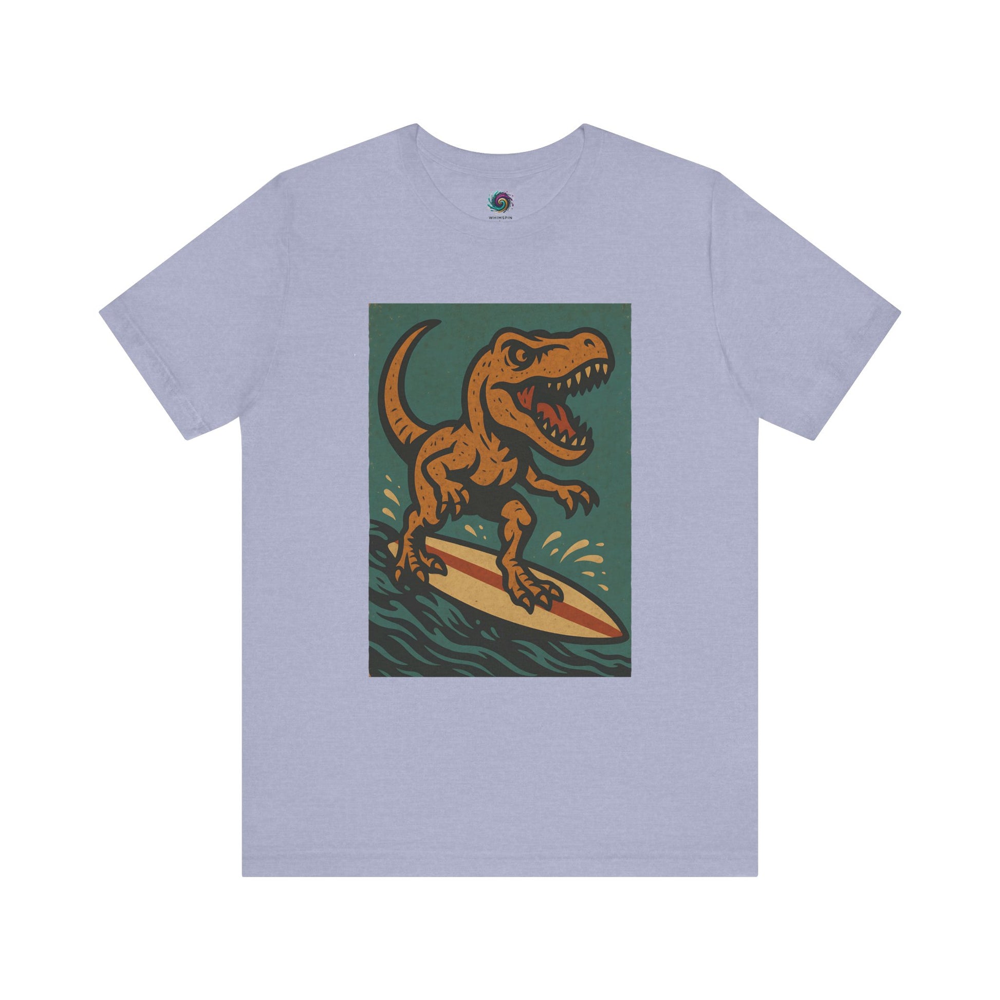 Surfing T-Rex T-Shirt – Funny Dinosaur Graphic Tee  in periwinkle, mixing pastel surf tee aesthetic with surfing dinosaur vacation humor.