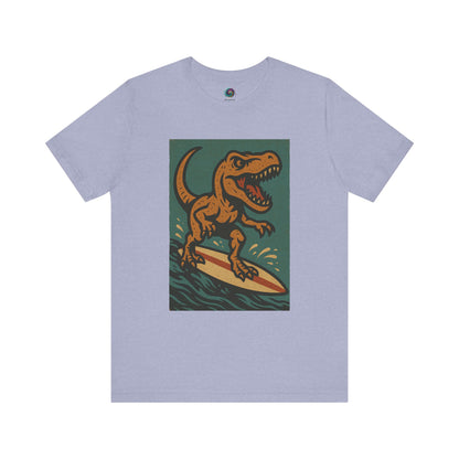 Surfing T-Rex T-Shirt – Funny Dinosaur Graphic Tee  in periwinkle, mixing pastel surf tee aesthetic with surfing dinosaur vacation humor.