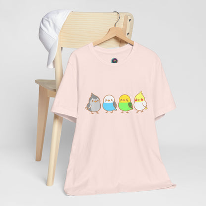pink Chirpy Flock Bird T-Shirt from WhimSpin 4 chibi cartoon pet birds lined up in a row. 