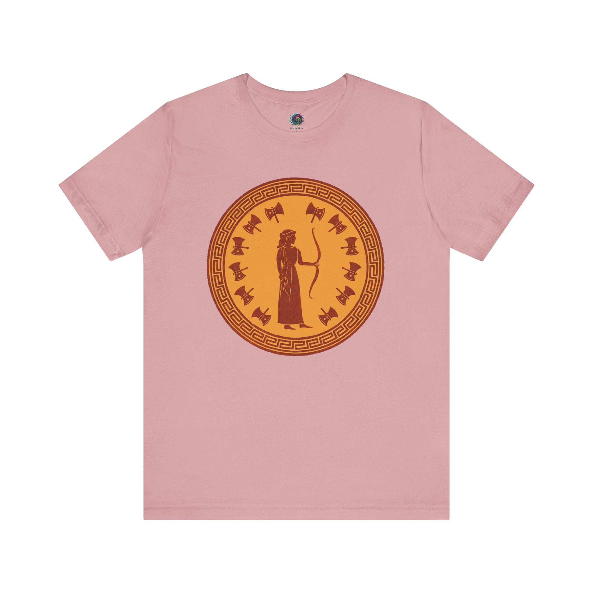 Pink Penelope Epic Queen of Ithaca T shirt from Whimspin. The shirt features an image of a woman in ancient Grecian robes holding a bow and surrounded by 12 axes. The images is in terracotta cotta red and gold in the style of ancient amphora art. 