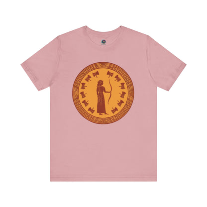 Pink Penelope Epic Queen of Ithaca T shirt from Whimspin. The shirt features an image of a woman in ancient Grecian robes holding a bow and surrounded by 12 axes. The images is in terracotta cotta red and gold in the style of ancient amphora art. 
