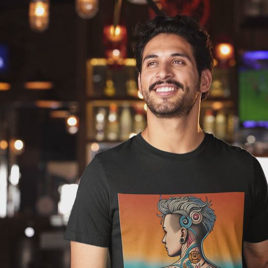 A man wearing a black Tattoos Are Just Stickers for Adults t shirt is at a bar holds a large glass of beer and smiles