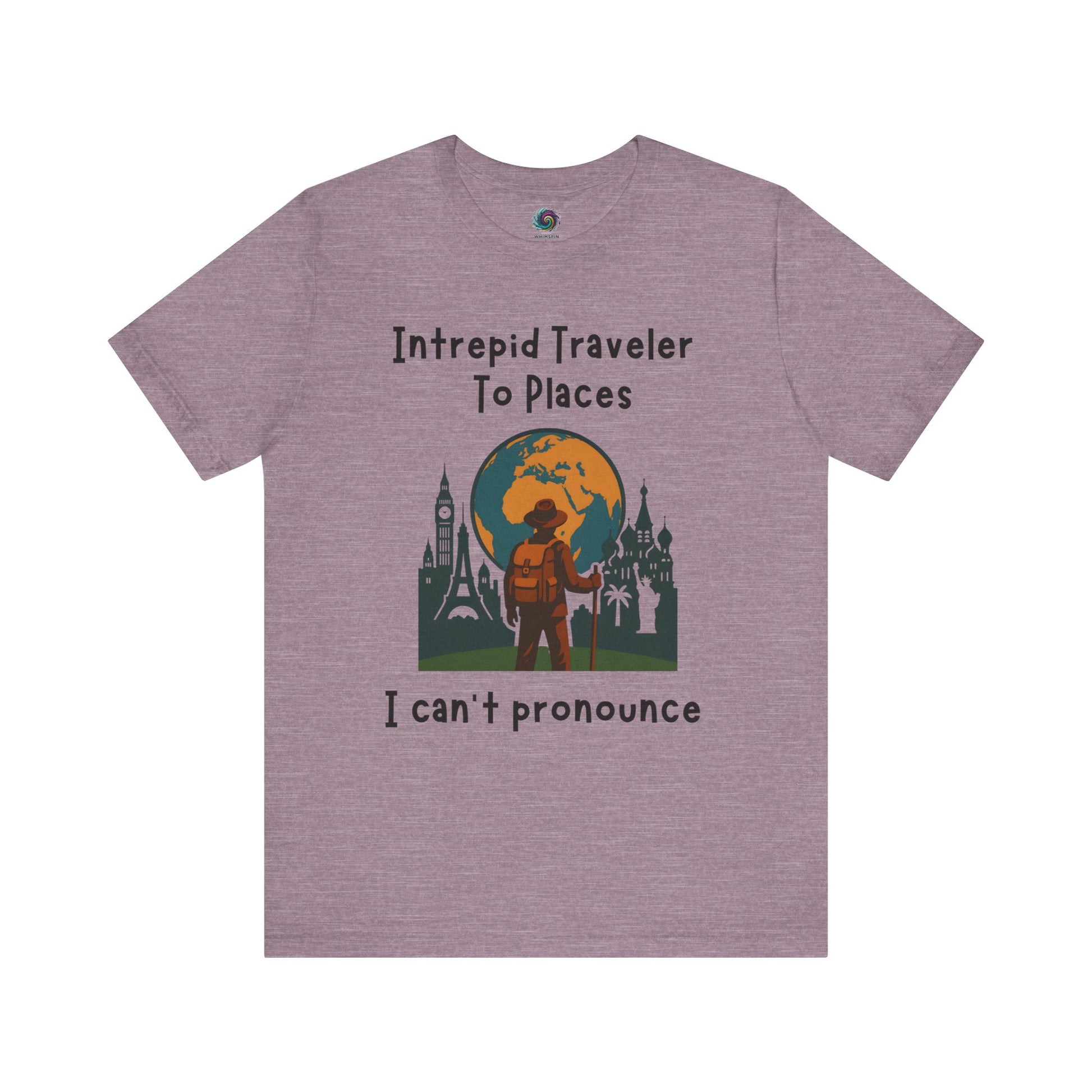 Purple travel t-shirt with a graphic design and text on a white background for adventure travel 