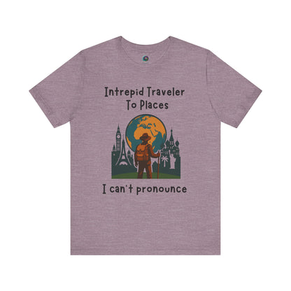 Purple travel t-shirt with a graphic design and text on a white background for adventure travel 