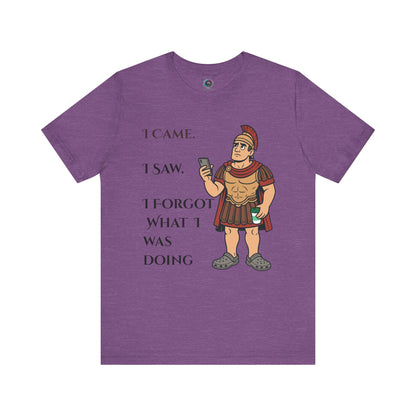 Purple I Came, I Saw, I Forgot T-Shirt – Funny ADHD-Inspired Tee with a graphic of a Roman soldier holding a phone and text on a white background