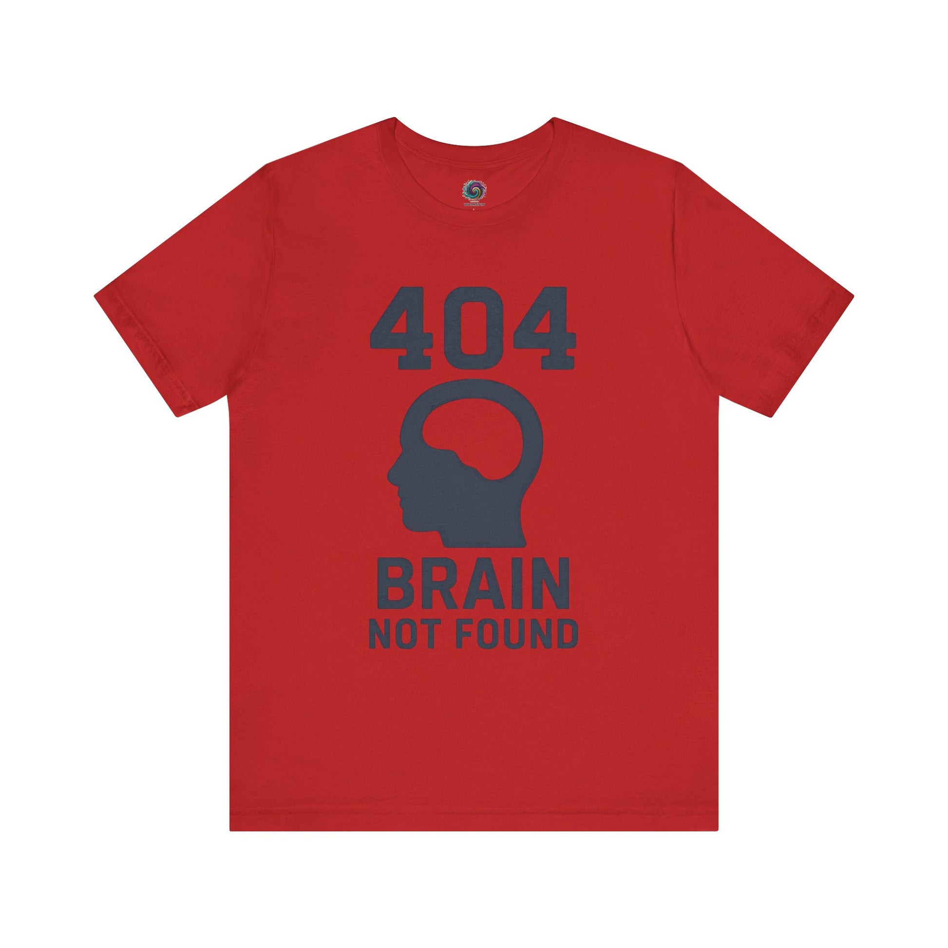 red "404 Brain Not Found T-Shirt" from WhimSpin. The tshirt graphic is a profile image of a human head with an empty hole where the brain should be and the text "404 Brain Not Found."
