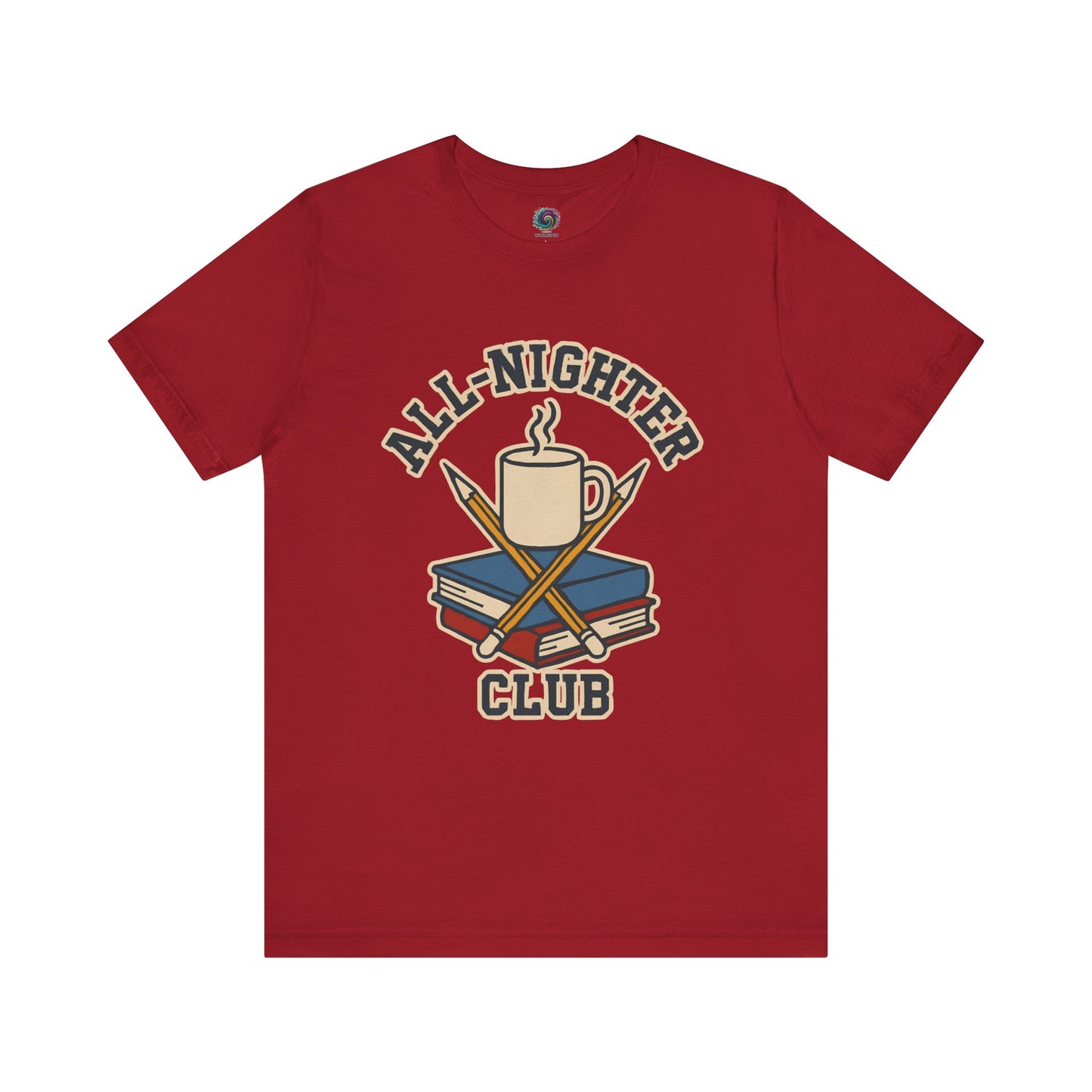 Red t-shirt with 'All-Nighter Club' graphic design featuring a mug, books, and crossed sticks on a white background. All-Nighter Club T-Shirt – Funny Caffeine & Study Tee for Night Owls