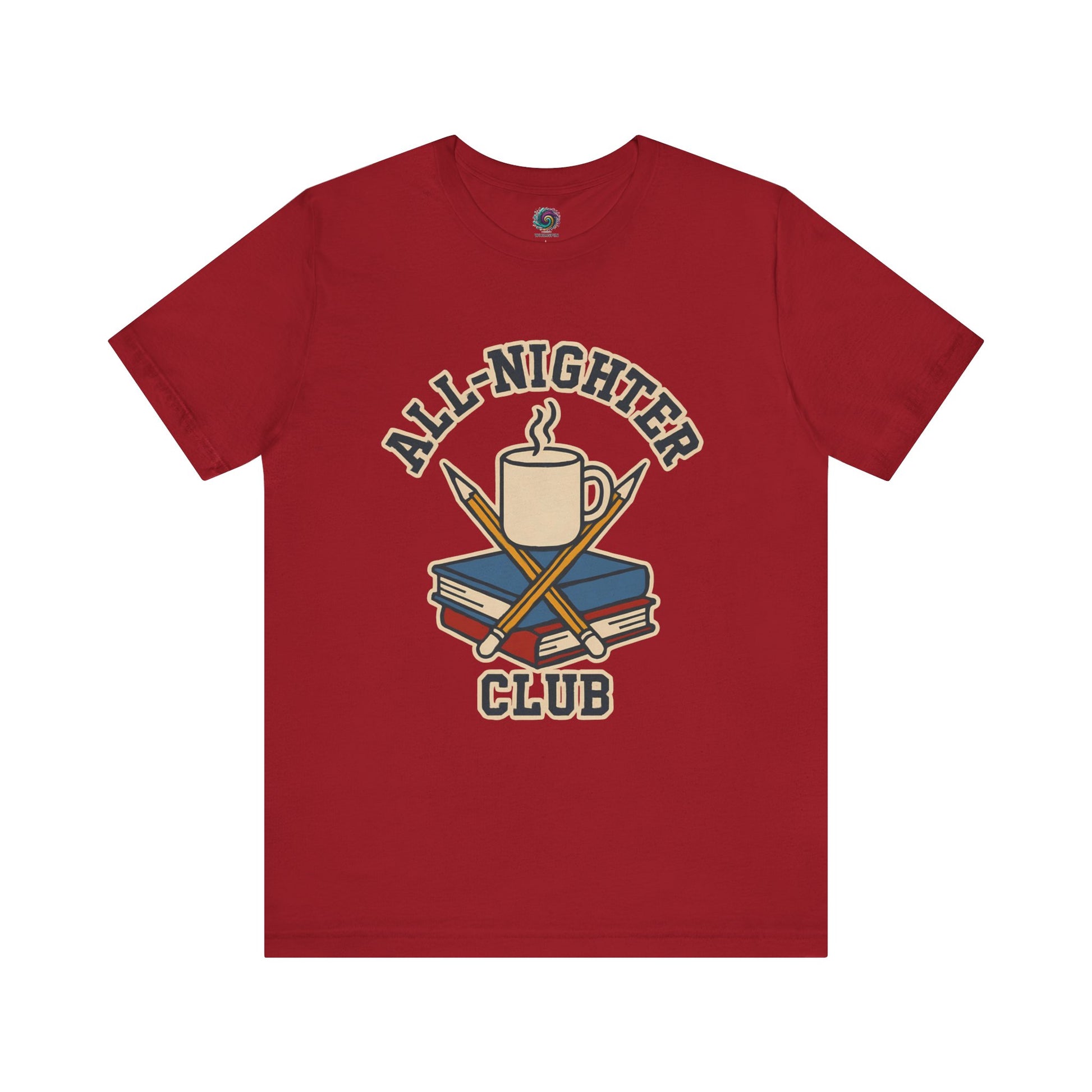 Red t-shirt with 'All-Nighter Club' graphic design featuring a mug, books, and crossed sticks on a white background. All-Nighter Club T-Shirt – Funny Caffeine & Study Tee for Night Owls