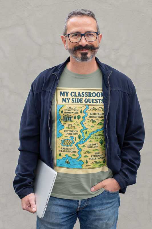 Man wearing a the "My Classroom, My Side Quests T-Shirt" from WhimSpin  holding a laptop against a plain background. The t-shirtdesign features a maptitled "MyClassroom, My Sidequest" and has classroom themed landmarks. 