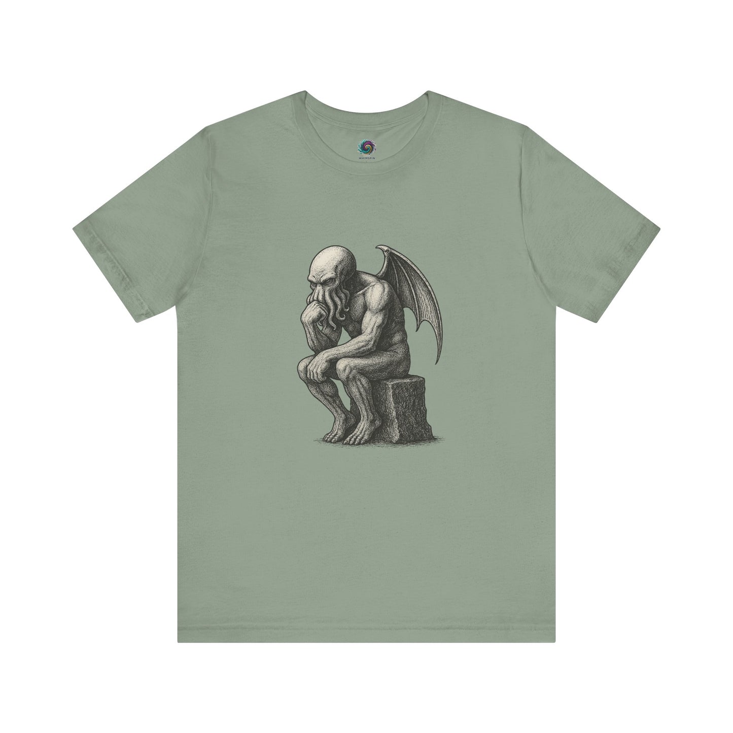 The Thinker Cthulhu Shirt – Lovecraftian Funny T-Shirt Unisex Graphic Tee in mint with a detailed and funny Cthulhu statue design.