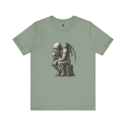 The Thinker Cthulhu Shirt – Lovecraftian Funny T-Shirt Unisex Graphic Tee in mint with a detailed and funny Cthulhu statue design.