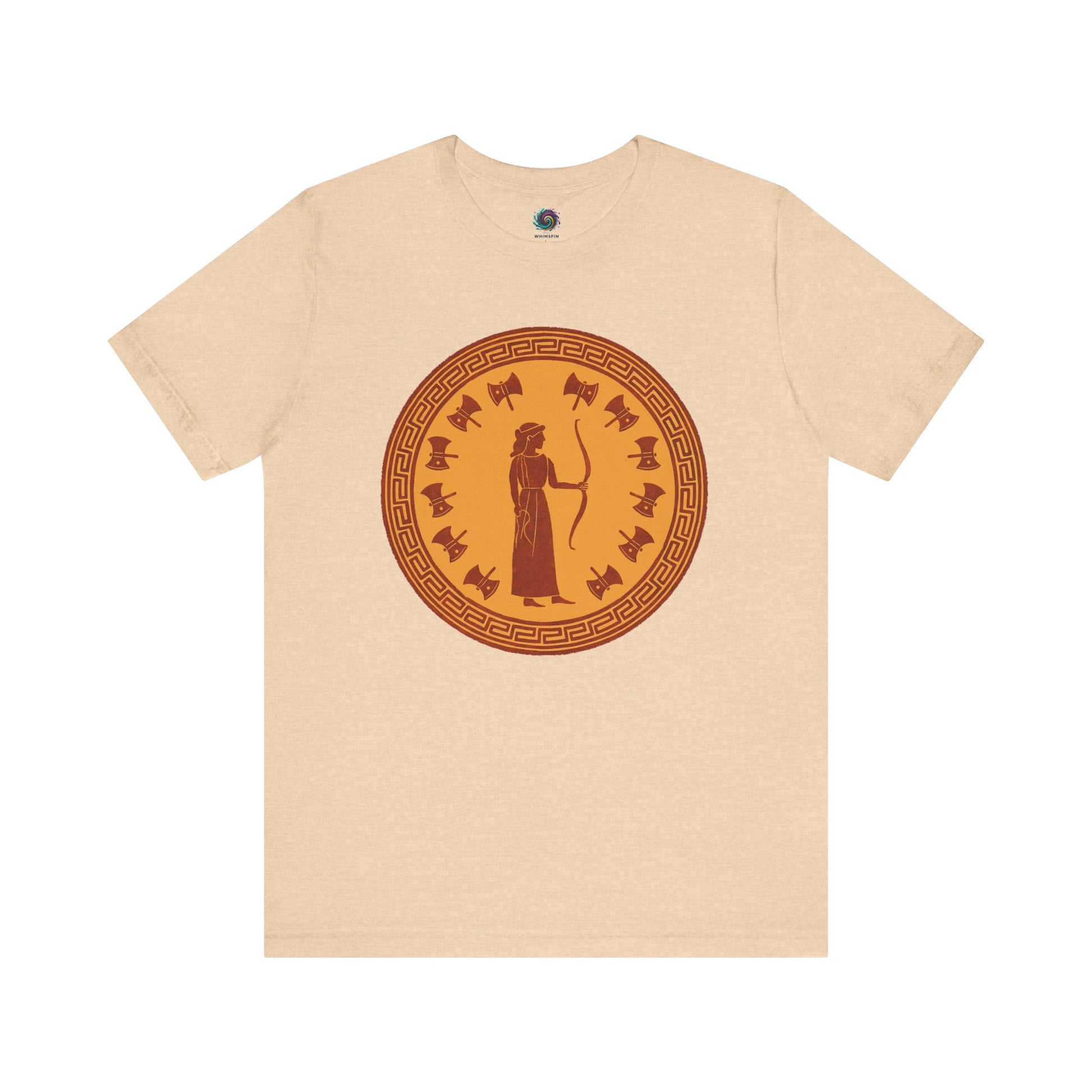 Sand yellow Penelope Epic Queen of Ithaca T shirt from Whimspin. The shirt features an image of a woman in ancient Grecian robes holding a bow and surrounded by 12 axes. The images is in terracotta cotta red and gold in the style of ancient amphora art. 