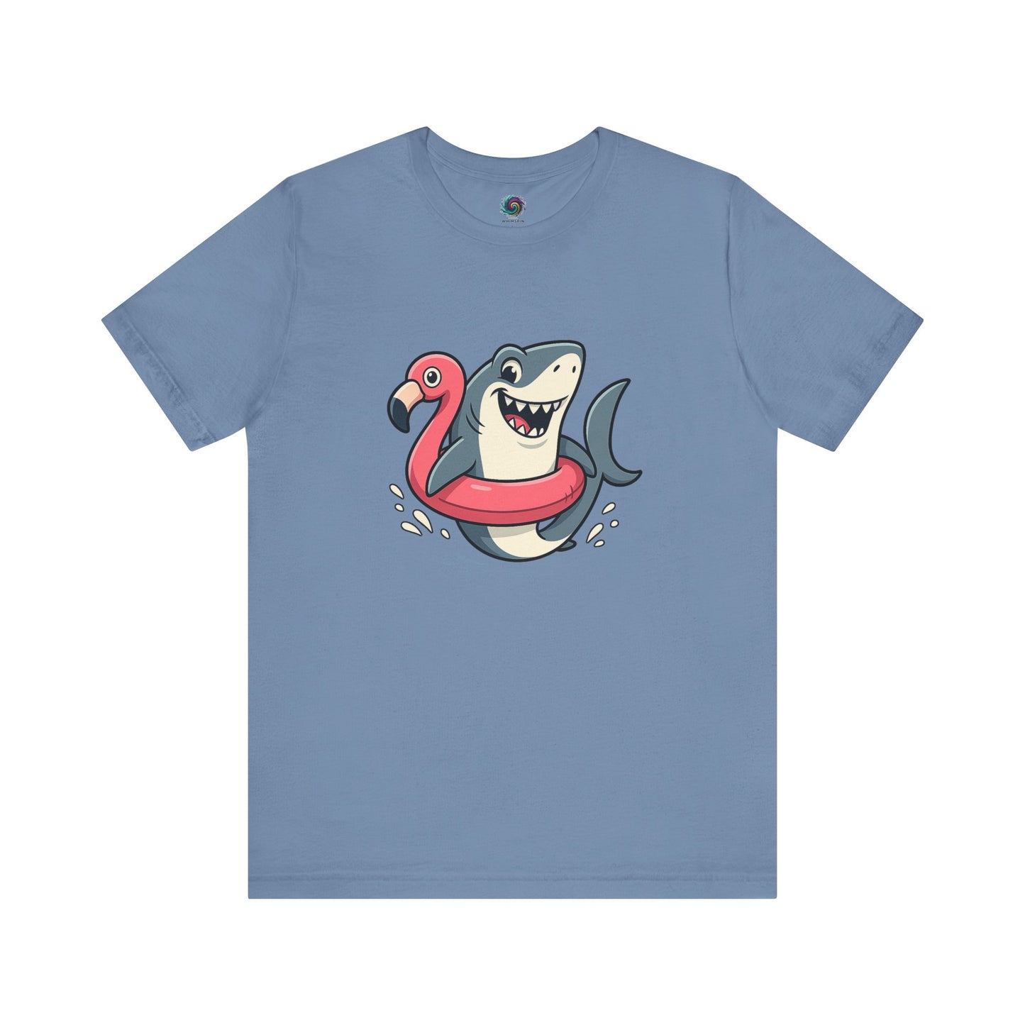 Shark Flamingo Floatie T-Shirt – Funny Beach & Pool Day Tee Blue t-shirt with a shark and flamingo design on a white background
