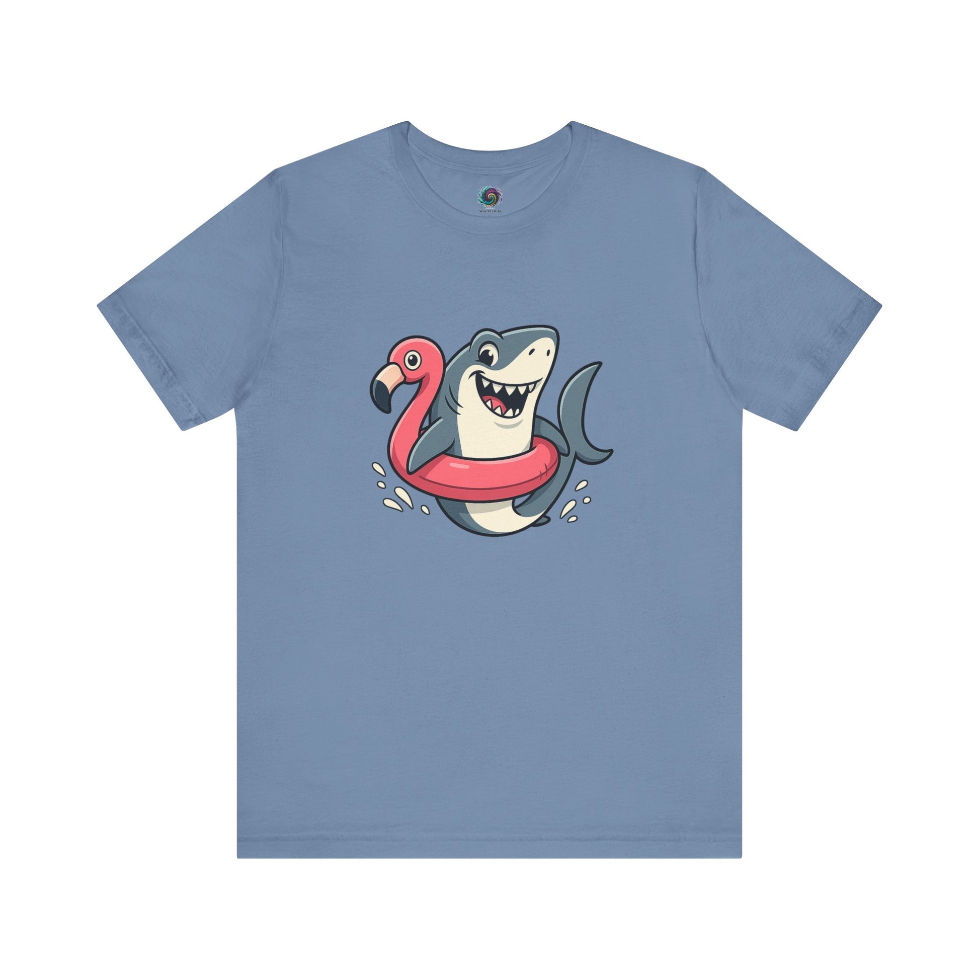 Shark Flamingo Floatie T-Shirt – Funny Beach & Pool Day Tee Blue t-shirt with a shark and flamingo design on a white background