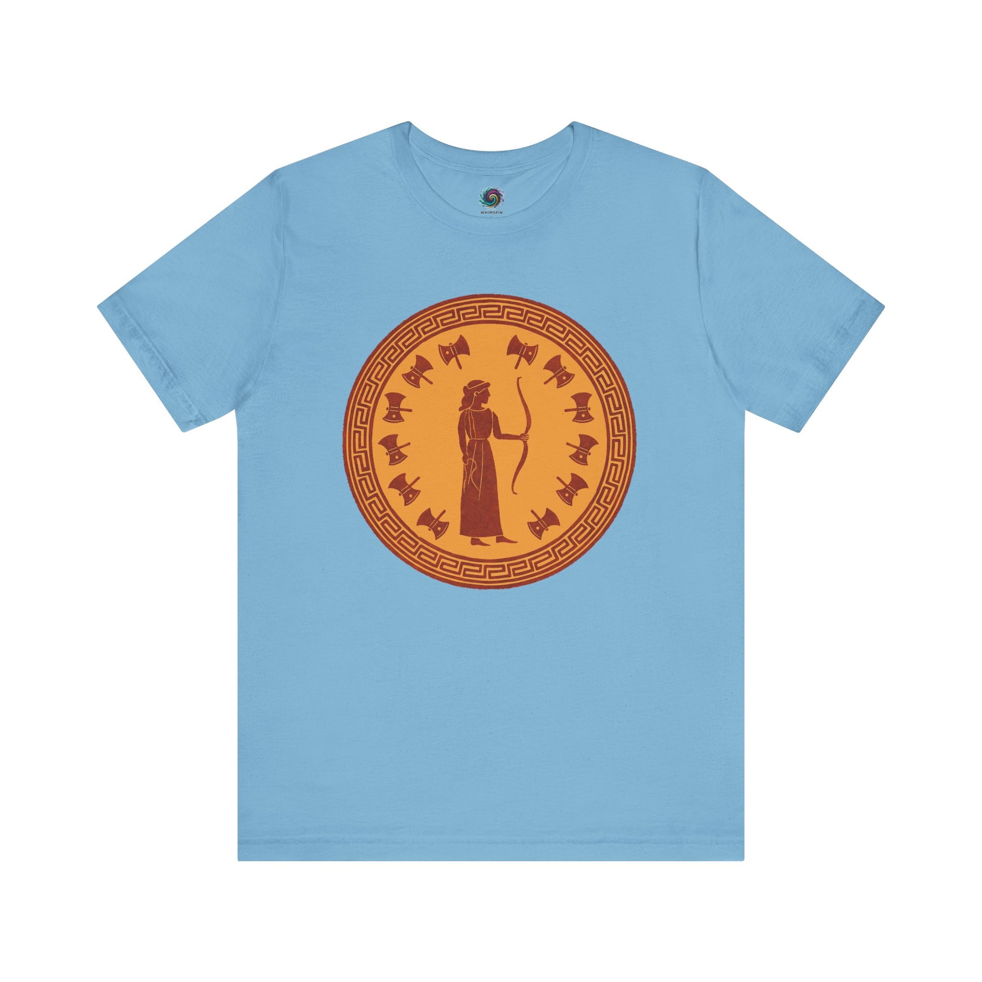 Aqua blue Penelope Epic Queen of Ithaca T shirt from Whimspin. The shirt features an image of a woman in ancient Grecian robes holding a bow and surrounded by 12 axes. The images is in terracotta cotta red and gold in the style of ancient amphora art. 