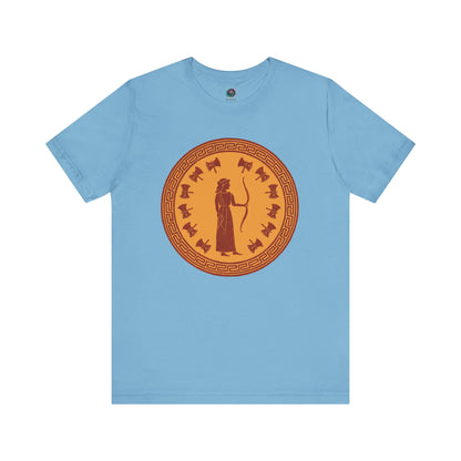 Aqua blue Penelope Epic Queen of Ithaca T shirt from Whimspin. The shirt features an image of a woman in ancient Grecian robes holding a bow and surrounded by 12 axes. The images is in terracotta cotta red and gold in the style of ancient amphora art. 