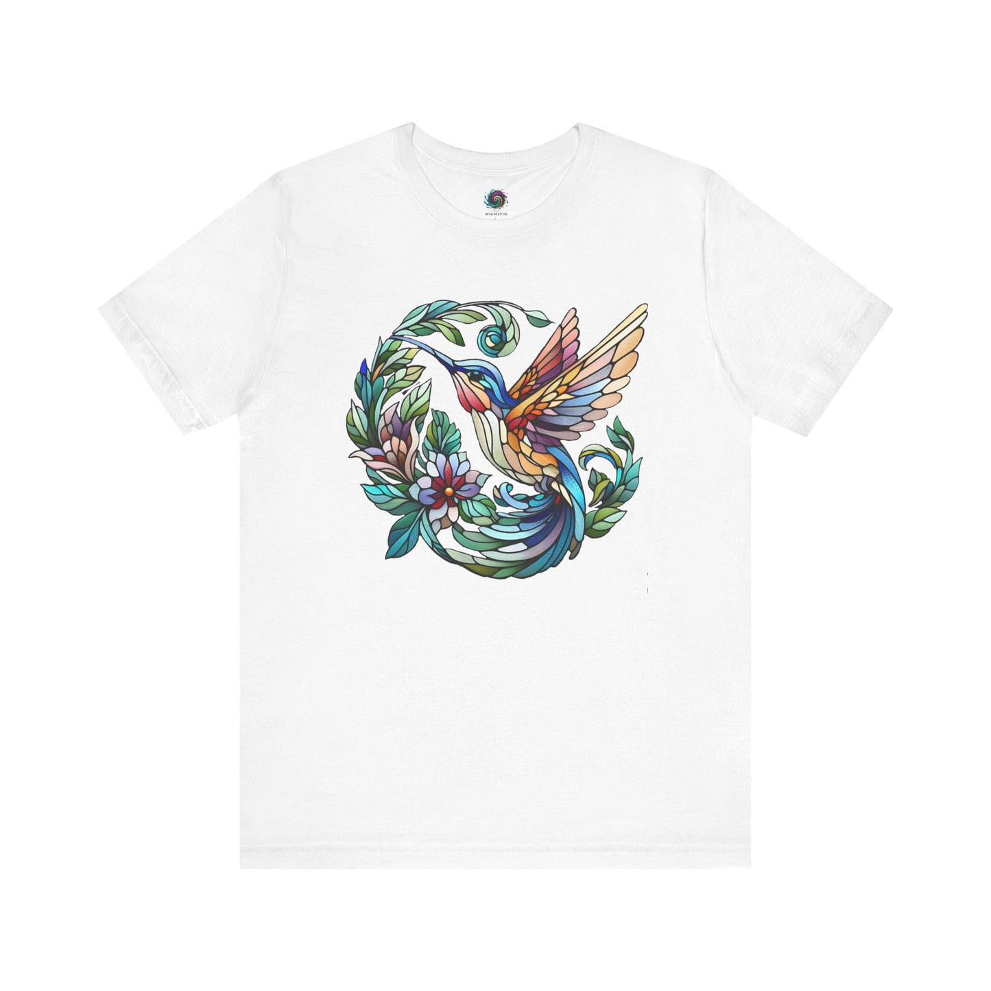 Stained Glass Hummingbird T-Shirt – Colorful Floral Bird Graphic Tee in white with colorful stained glass hummingbird and botanical design for nature lovers.