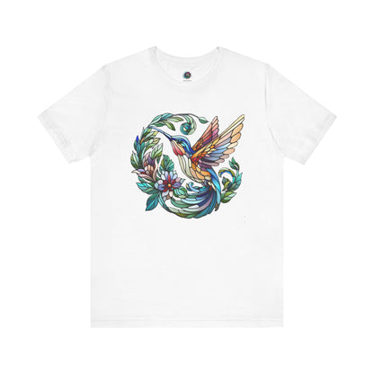 Stained Glass Hummingbird T-Shirt – Colorful Floral Bird Graphic Tee in white with colorful stained glass hummingbird and botanical design for nature lovers.