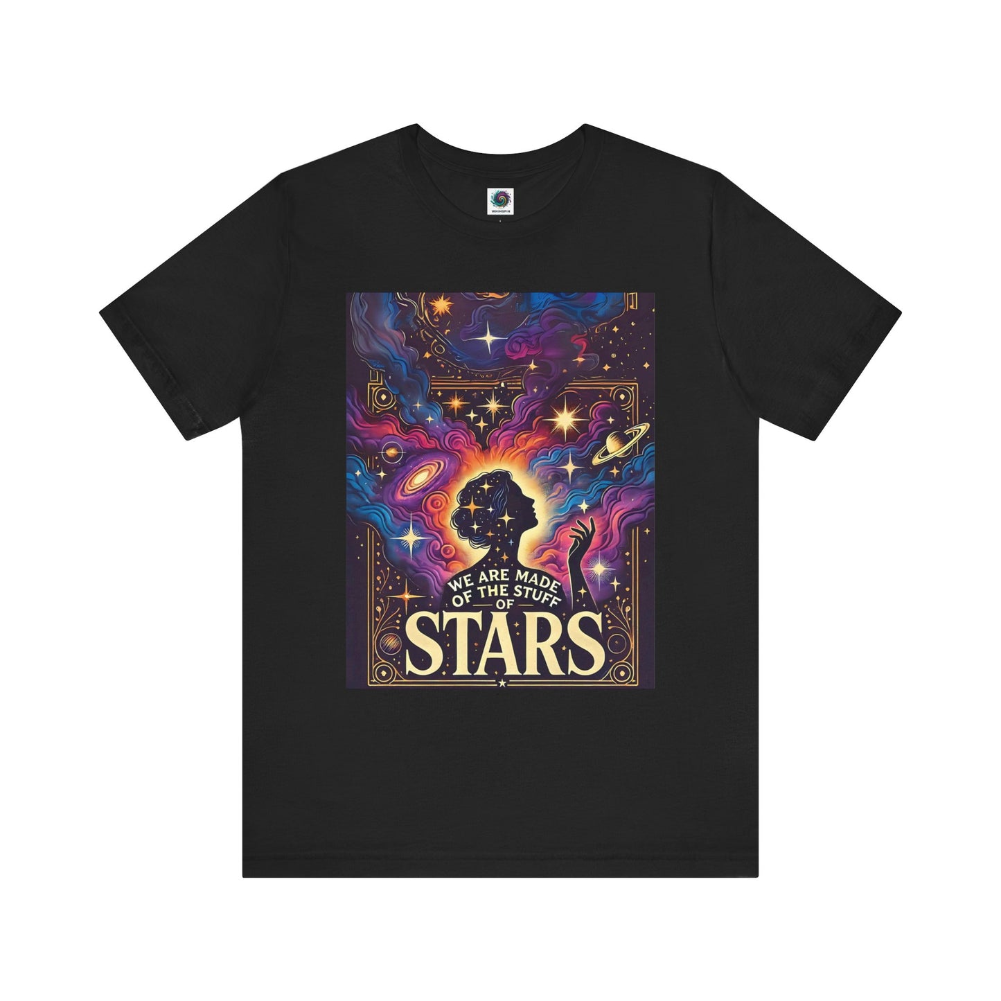 Black cosmic t-shirt with vibrant galaxy swirl, silhouette, and celestial accents — bold cosmic art fashion