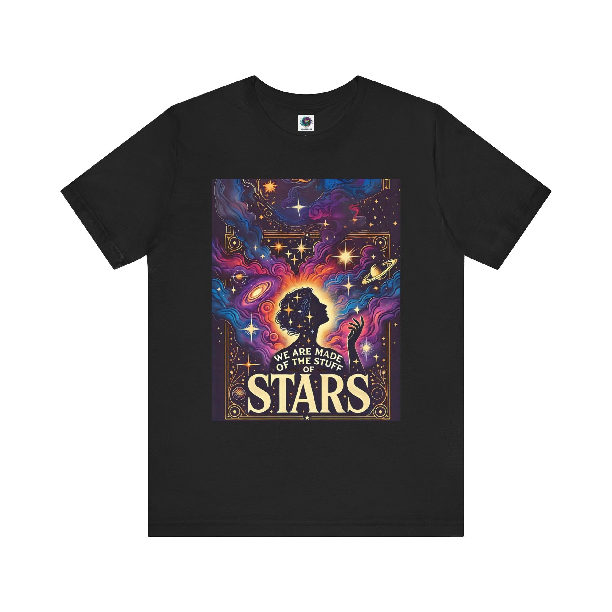 Black cosmic t-shirt with vibrant galaxy swirl, silhouette, and celestial accents — bold cosmic art fashion