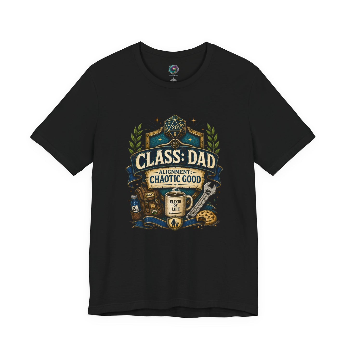 Black Chaotic Good Dad T-Shirt featuring D20 dice, coffee mug, and “Alignment: Chaotic Good” fantasy RPG artwork