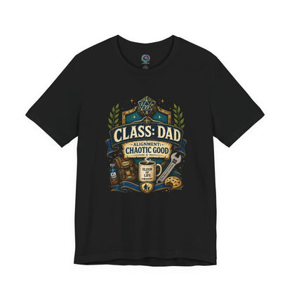 Black Chaotic Good Dad T-Shirt featuring D20 dice, coffee mug, and “Alignment: Chaotic Good” fantasy RPG artwork